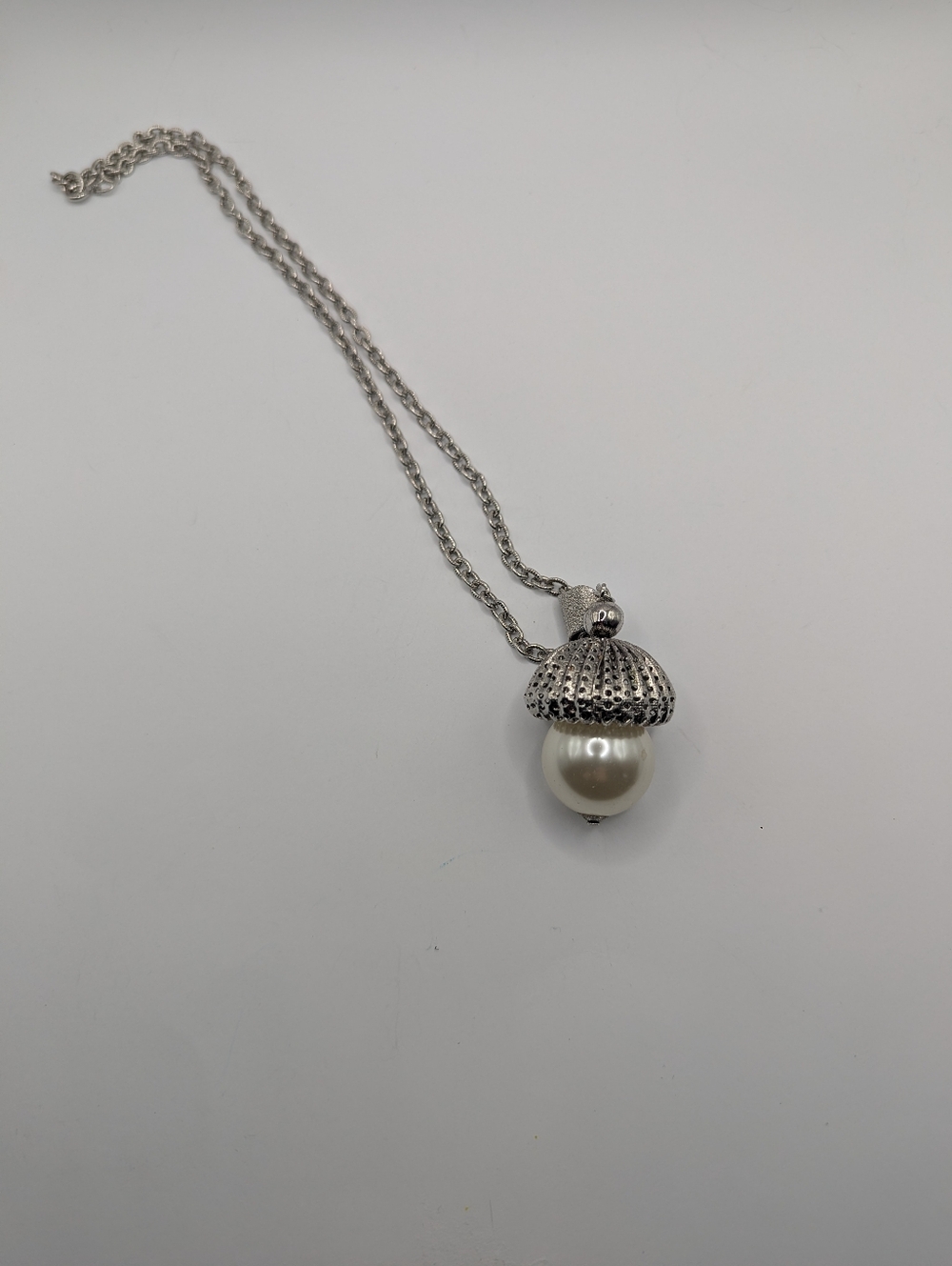 Silver Pearl Acorn Pendant Necklace - White Pearl